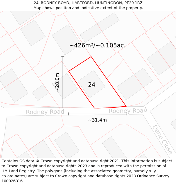 24, RODNEY ROAD, HARTFORD, HUNTINGDON, PE29 1RZ: Plot and title map