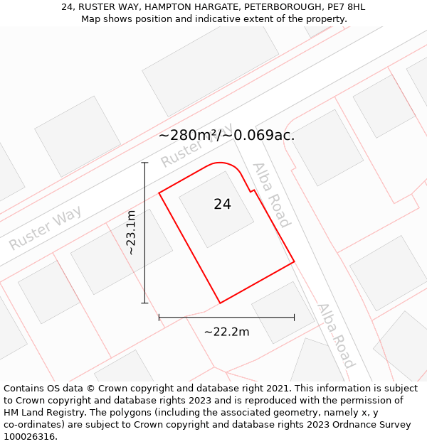 24, RUSTER WAY, HAMPTON HARGATE, PETERBOROUGH, PE7 8HL: Plot and title map