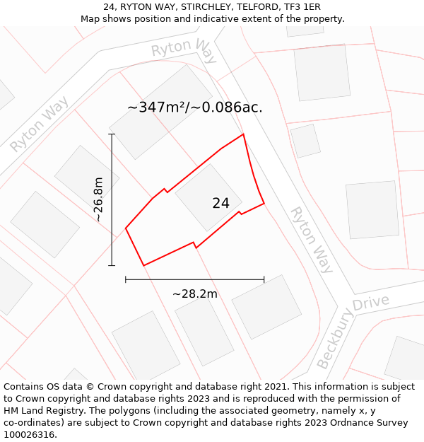 24, RYTON WAY, STIRCHLEY, TELFORD, TF3 1ER: Plot and title map