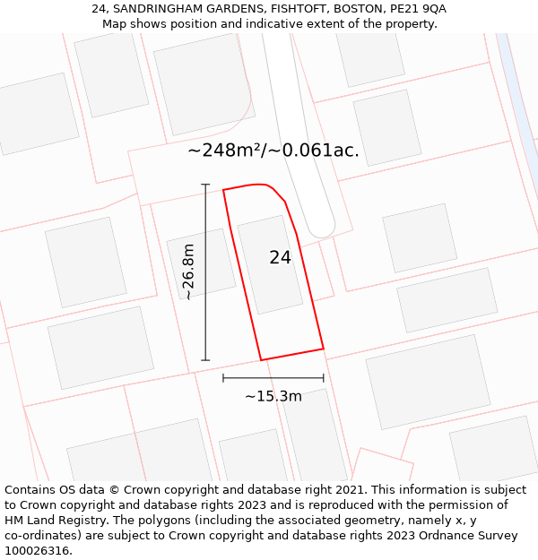 24, SANDRINGHAM GARDENS, FISHTOFT, BOSTON, PE21 9QA: Plot and title map