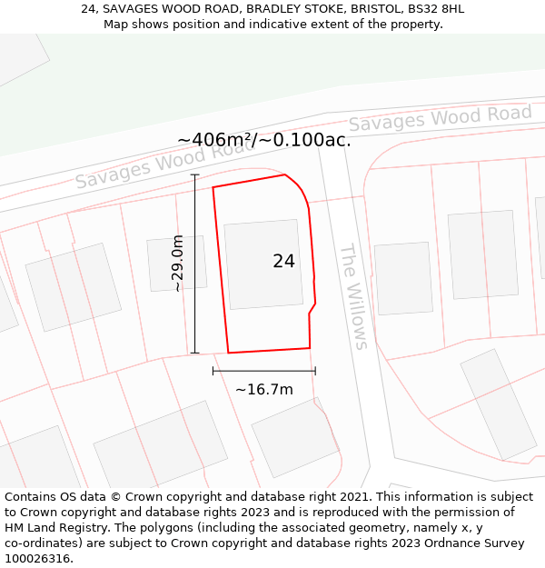 24, SAVAGES WOOD ROAD, BRADLEY STOKE, BRISTOL, BS32 8HL: Plot and title map