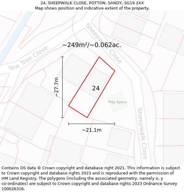 24, SHEEPWALK CLOSE, POTTON, SANDY, SG19 2XX: Plot and title map