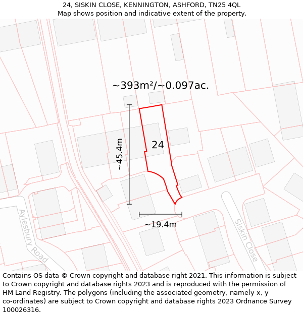 24, SISKIN CLOSE, KENNINGTON, ASHFORD, TN25 4QL: Plot and title map