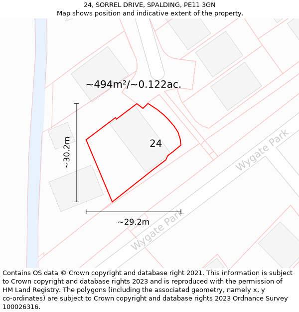 24, SORREL DRIVE, SPALDING, PE11 3GN: Plot and title map