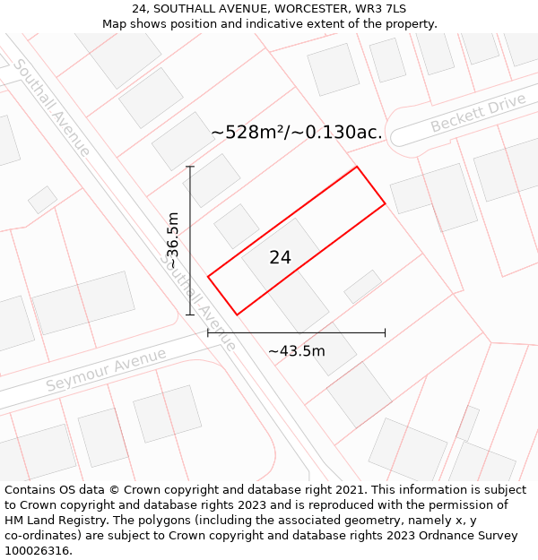 24, SOUTHALL AVENUE, WORCESTER, WR3 7LS: Plot and title map