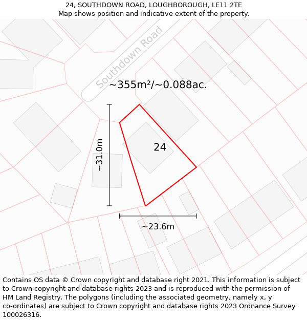 24, SOUTHDOWN ROAD, LOUGHBOROUGH, LE11 2TE: Plot and title map