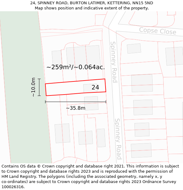 24, SPINNEY ROAD, BURTON LATIMER, KETTERING, NN15 5ND: Plot and title map