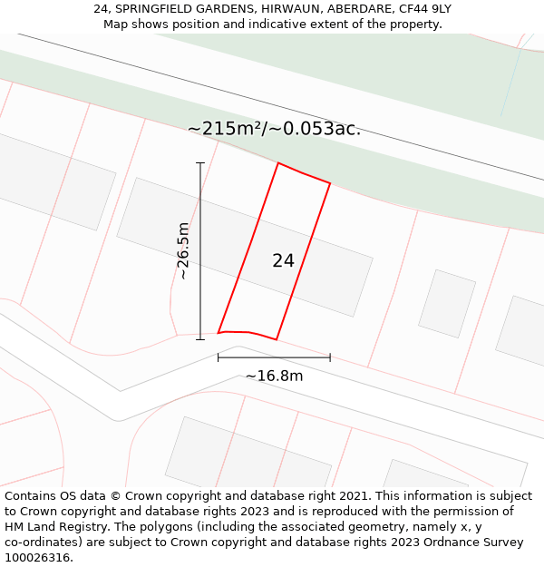 24, SPRINGFIELD GARDENS, HIRWAUN, ABERDARE, CF44 9LY: Plot and title map