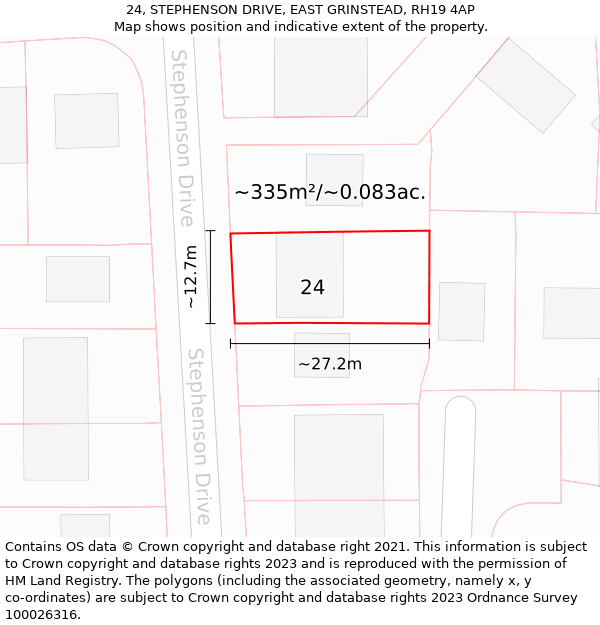 24, STEPHENSON DRIVE, EAST GRINSTEAD, RH19 4AP: Plot and title map