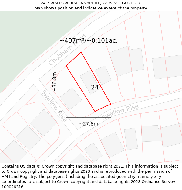 24, SWALLOW RISE, KNAPHILL, WOKING, GU21 2LG: Plot and title map