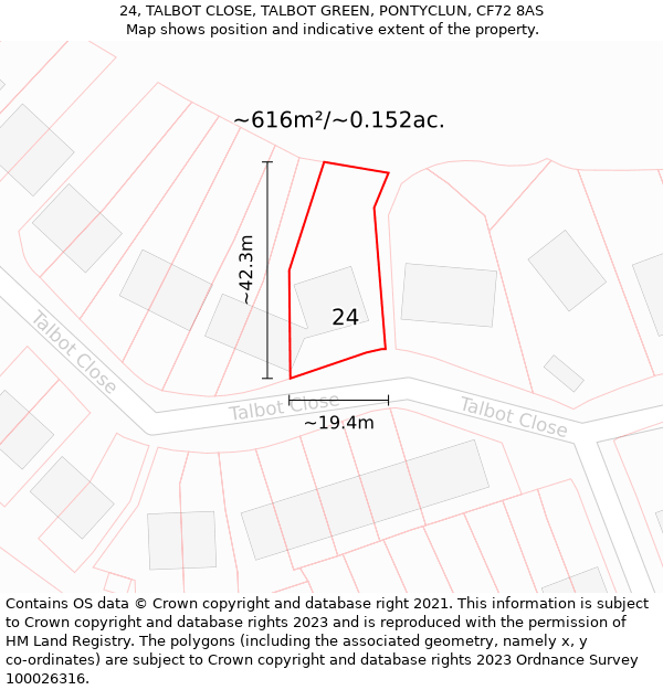 24, TALBOT CLOSE, TALBOT GREEN, PONTYCLUN, CF72 8AS: Plot and title map