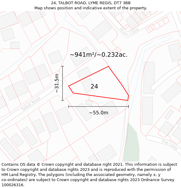 24, TALBOT ROAD, LYME REGIS, DT7 3BB: Plot and title map