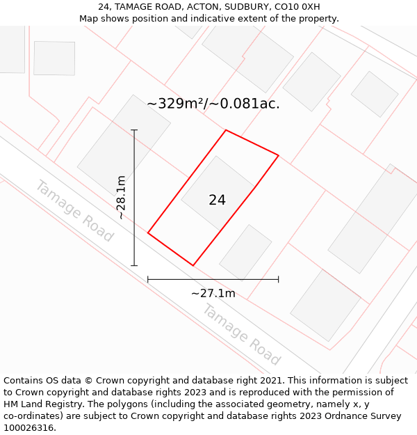 24, TAMAGE ROAD, ACTON, SUDBURY, CO10 0XH: Plot and title map