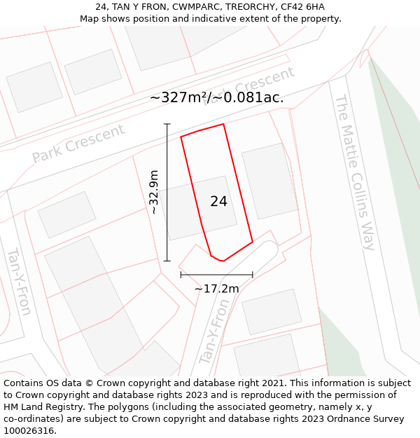 24, TAN Y FRON, CWMPARC, TREORCHY, CF42 6HA: Plot and title map