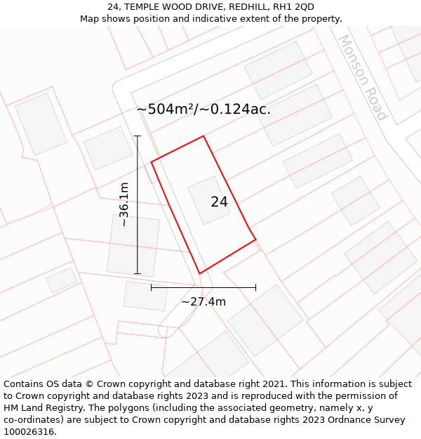 24, TEMPLE WOOD DRIVE, REDHILL, RH1 2QD: Plot and title map