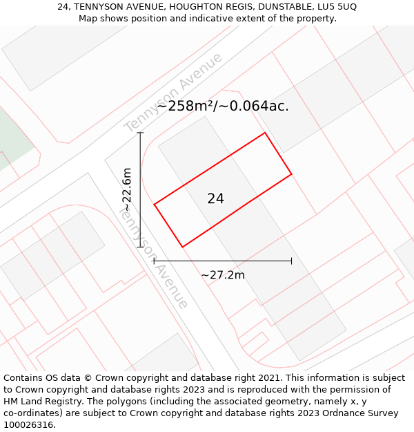 24, TENNYSON AVENUE, HOUGHTON REGIS, DUNSTABLE, LU5 5UQ: Plot and title map