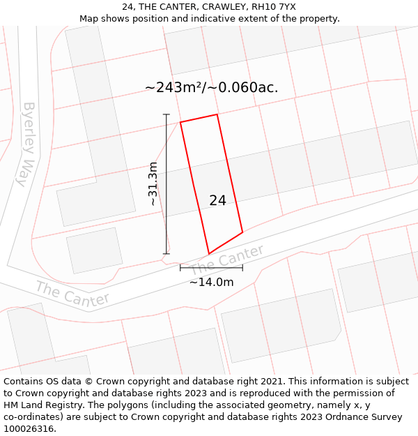 24, THE CANTER, CRAWLEY, RH10 7YX: Plot and title map