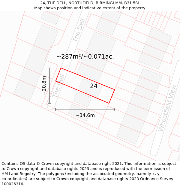 24, THE DELL, NORTHFIELD, BIRMINGHAM, B31 5SL: Plot and title map