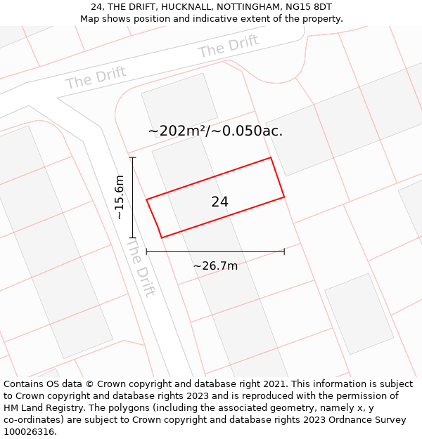 24, THE DRIFT, HUCKNALL, NOTTINGHAM, NG15 8DT: Plot and title map