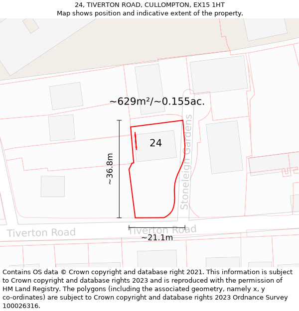 24, TIVERTON ROAD, CULLOMPTON, EX15 1HT: Plot and title map