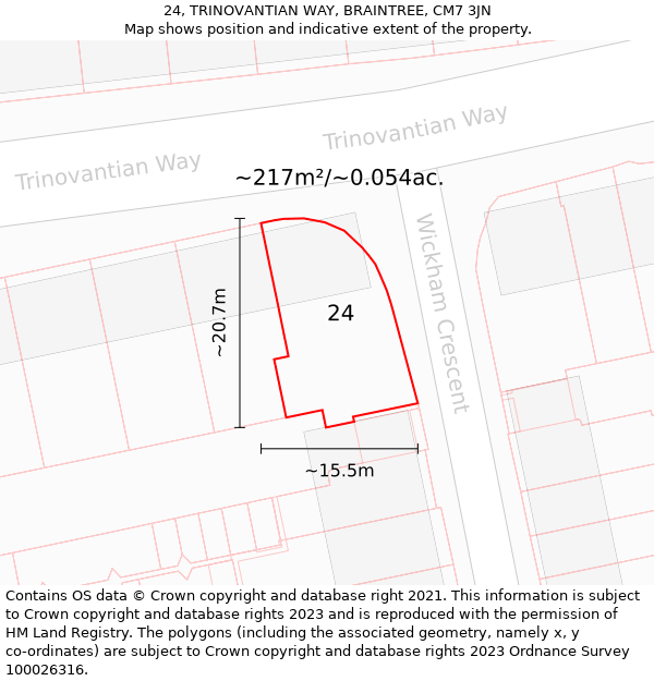 24, TRINOVANTIAN WAY, BRAINTREE, CM7 3JN: Plot and title map