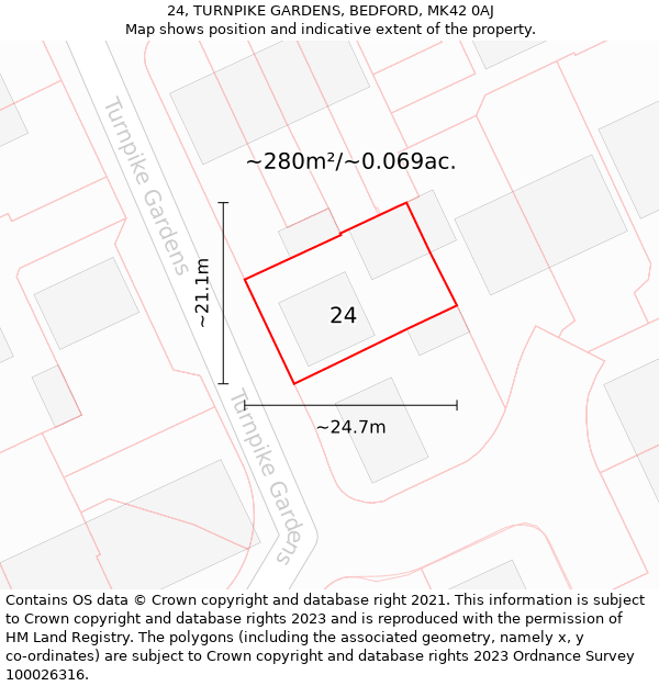 24, TURNPIKE GARDENS, BEDFORD, MK42 0AJ: Plot and title map