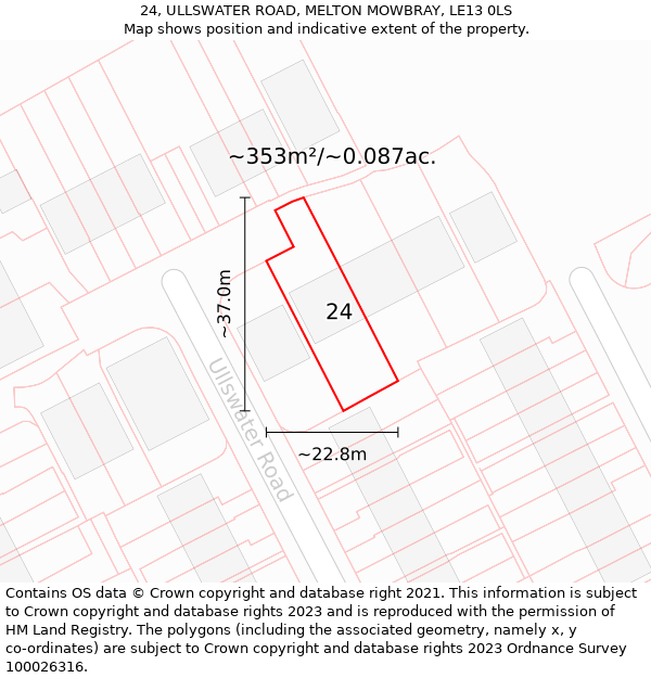 24, ULLSWATER ROAD, MELTON MOWBRAY, LE13 0LS: Plot and title map