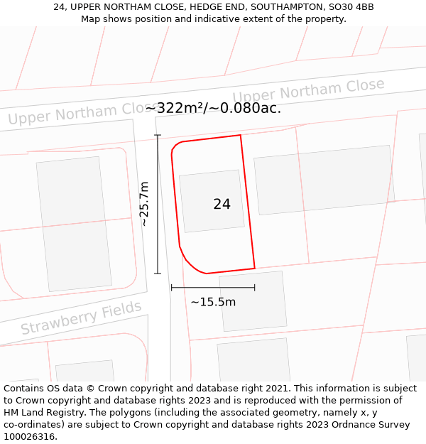 24, UPPER NORTHAM CLOSE, HEDGE END, SOUTHAMPTON, SO30 4BB: Plot and title map