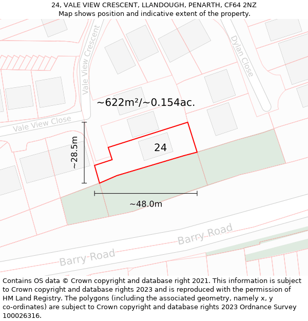 24, VALE VIEW CRESCENT, LLANDOUGH, PENARTH, CF64 2NZ: Plot and title map