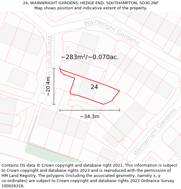 24, WAINWRIGHT GARDENS, HEDGE END, SOUTHAMPTON, SO30 2NF: Plot and title map