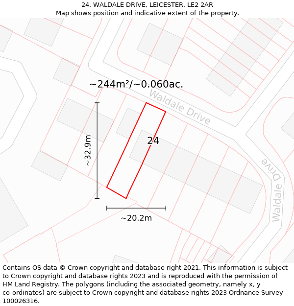 24, WALDALE DRIVE, LEICESTER, LE2 2AR: Plot and title map