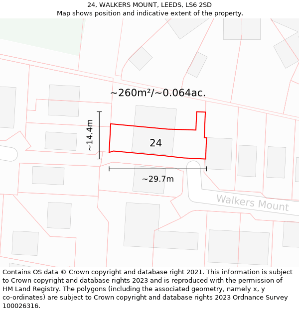 24, WALKERS MOUNT, LEEDS, LS6 2SD: Plot and title map