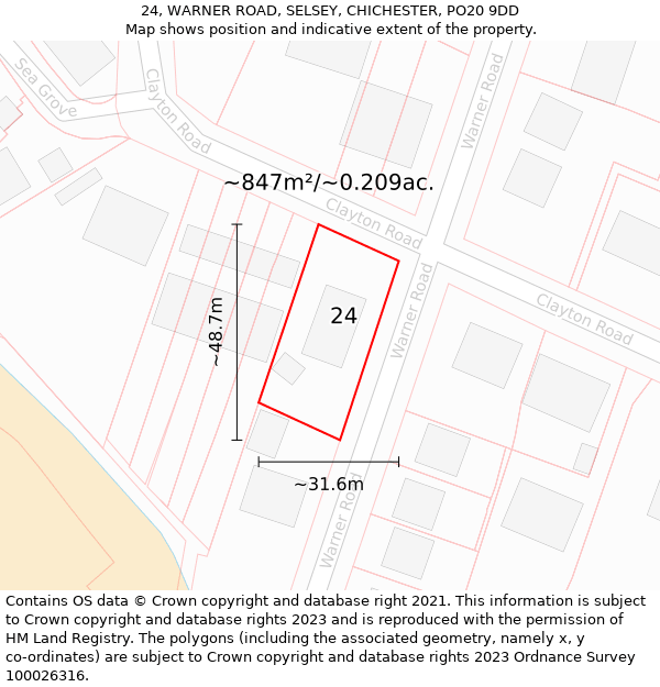 24, WARNER ROAD, SELSEY, CHICHESTER, PO20 9DD: Plot and title map