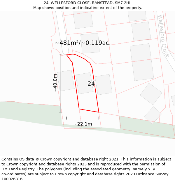 24, WELLESFORD CLOSE, BANSTEAD, SM7 2HL: Plot and title map