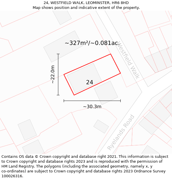 24, WESTFIELD WALK, LEOMINSTER, HR6 8HD: Plot and title map