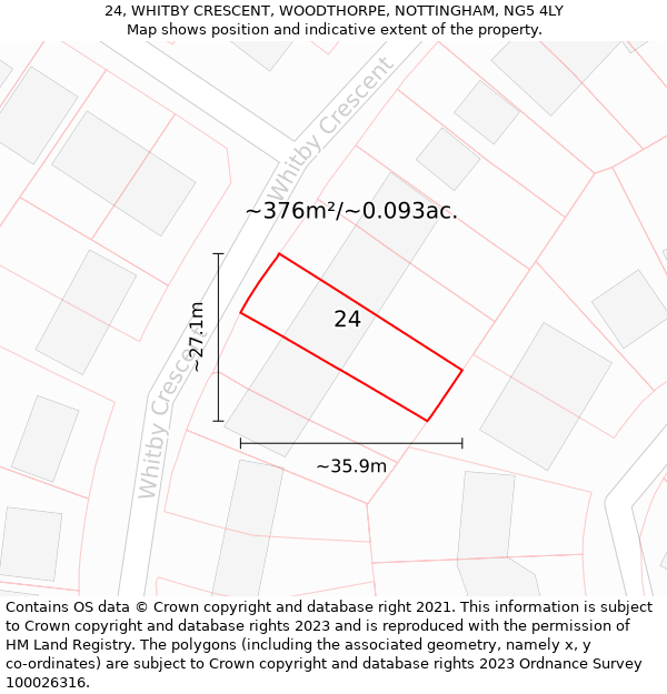 24, WHITBY CRESCENT, WOODTHORPE, NOTTINGHAM, NG5 4LY: Plot and title map