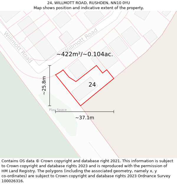 24, WILLMOTT ROAD, RUSHDEN, NN10 0YU: Plot and title map