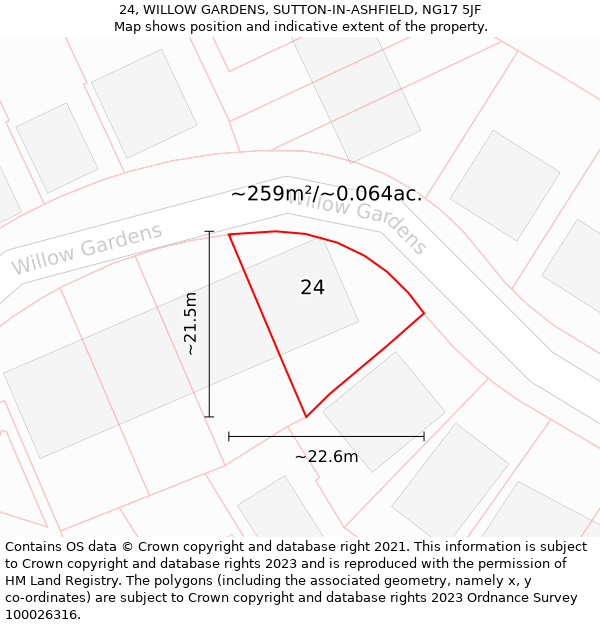 24, WILLOW GARDENS, SUTTON-IN-ASHFIELD, NG17 5JF: Plot and title map