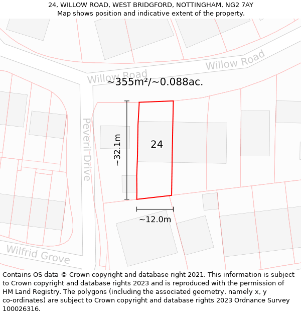 24, WILLOW ROAD, WEST BRIDGFORD, NOTTINGHAM, NG2 7AY: Plot and title map