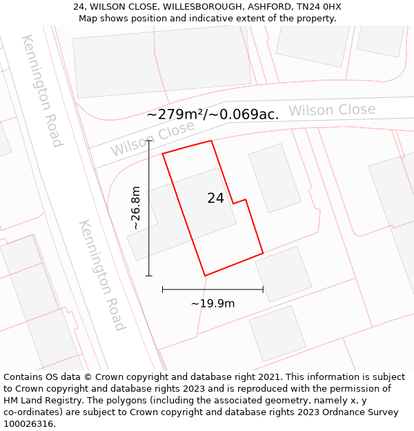 24, WILSON CLOSE, WILLESBOROUGH, ASHFORD, TN24 0HX: Plot and title map