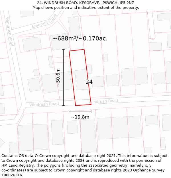 24, WINDRUSH ROAD, KESGRAVE, IPSWICH, IP5 2NZ: Plot and title map