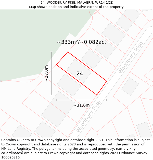 24, WOODBURY RISE, MALVERN, WR14 1QZ: Plot and title map