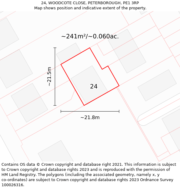 24, WOODCOTE CLOSE, PETERBOROUGH, PE1 3RP: Plot and title map