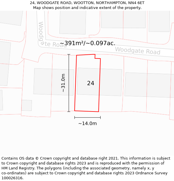 24, WOODGATE ROAD, WOOTTON, NORTHAMPTON, NN4 6ET: Plot and title map