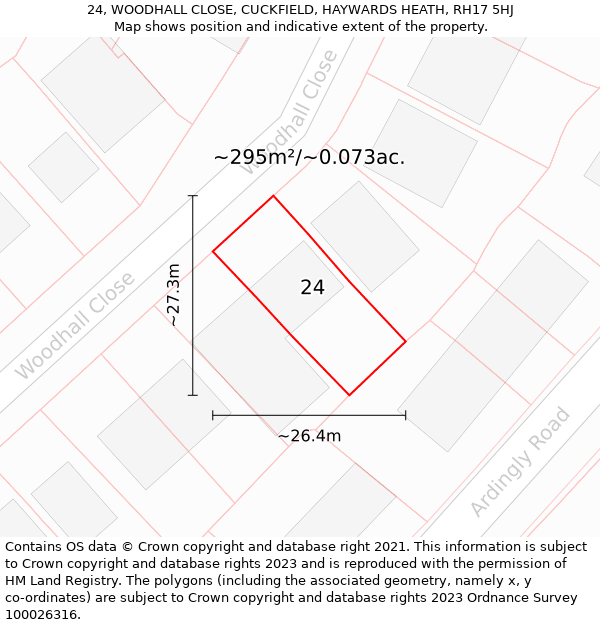 24, WOODHALL CLOSE, CUCKFIELD, HAYWARDS HEATH, RH17 5HJ: Plot and title map