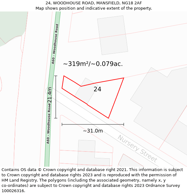 24, WOODHOUSE ROAD, MANSFIELD, NG18 2AF: Plot and title map