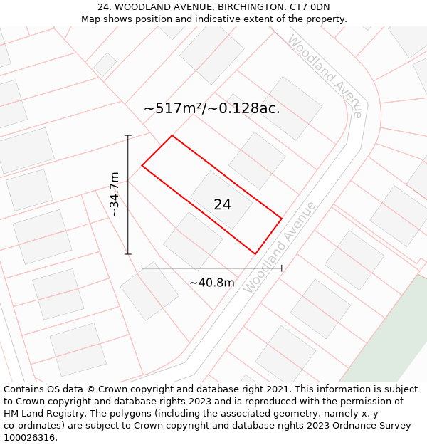 24, WOODLAND AVENUE, BIRCHINGTON, CT7 0DN: Plot and title map