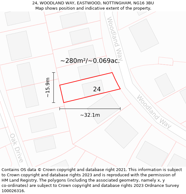 24, WOODLAND WAY, EASTWOOD, NOTTINGHAM, NG16 3BU: Plot and title map