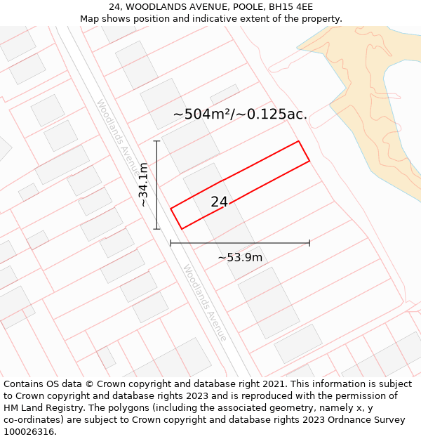 24, WOODLANDS AVENUE, POOLE, BH15 4EE: Plot and title map