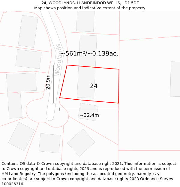 24, WOODLANDS, LLANDRINDOD WELLS, LD1 5DE: Plot and title map